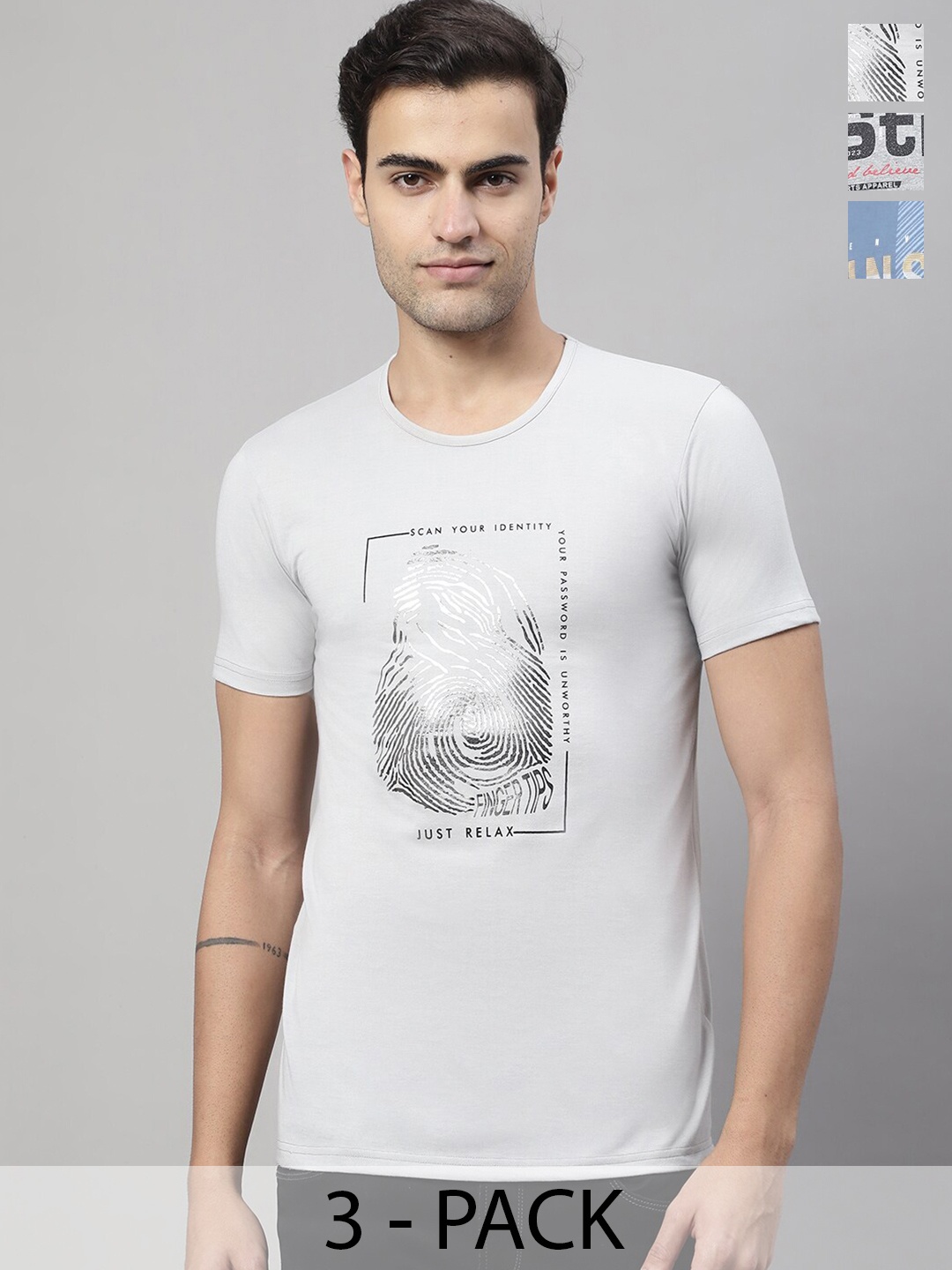 

MACK JONNEY Pack of 3 Typography Printed Cotton T-shirts, Grey