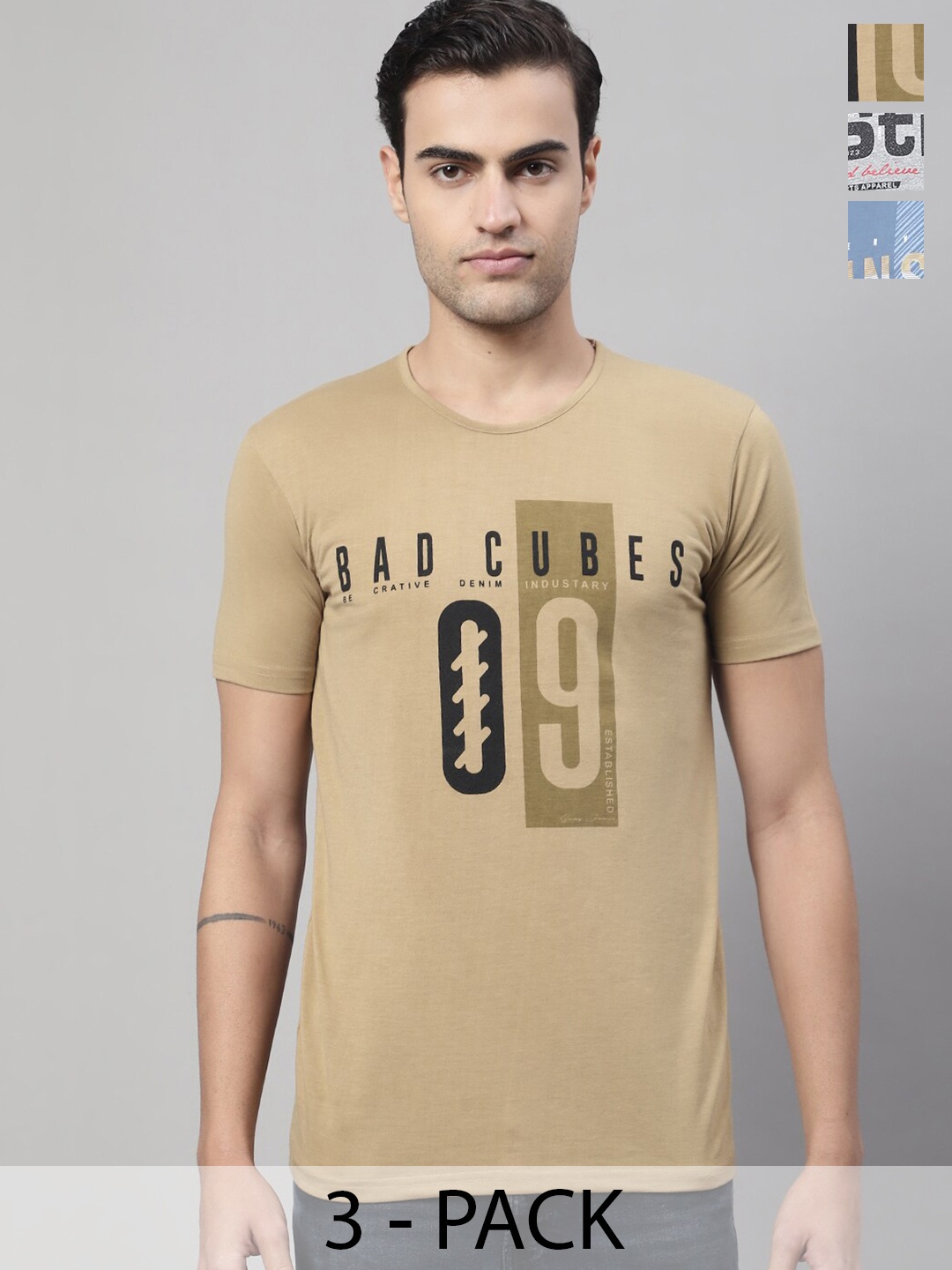 

MACK JONNEY Pack Of 3 Printed Round Neck Cotton Casual T-shirts, Beige