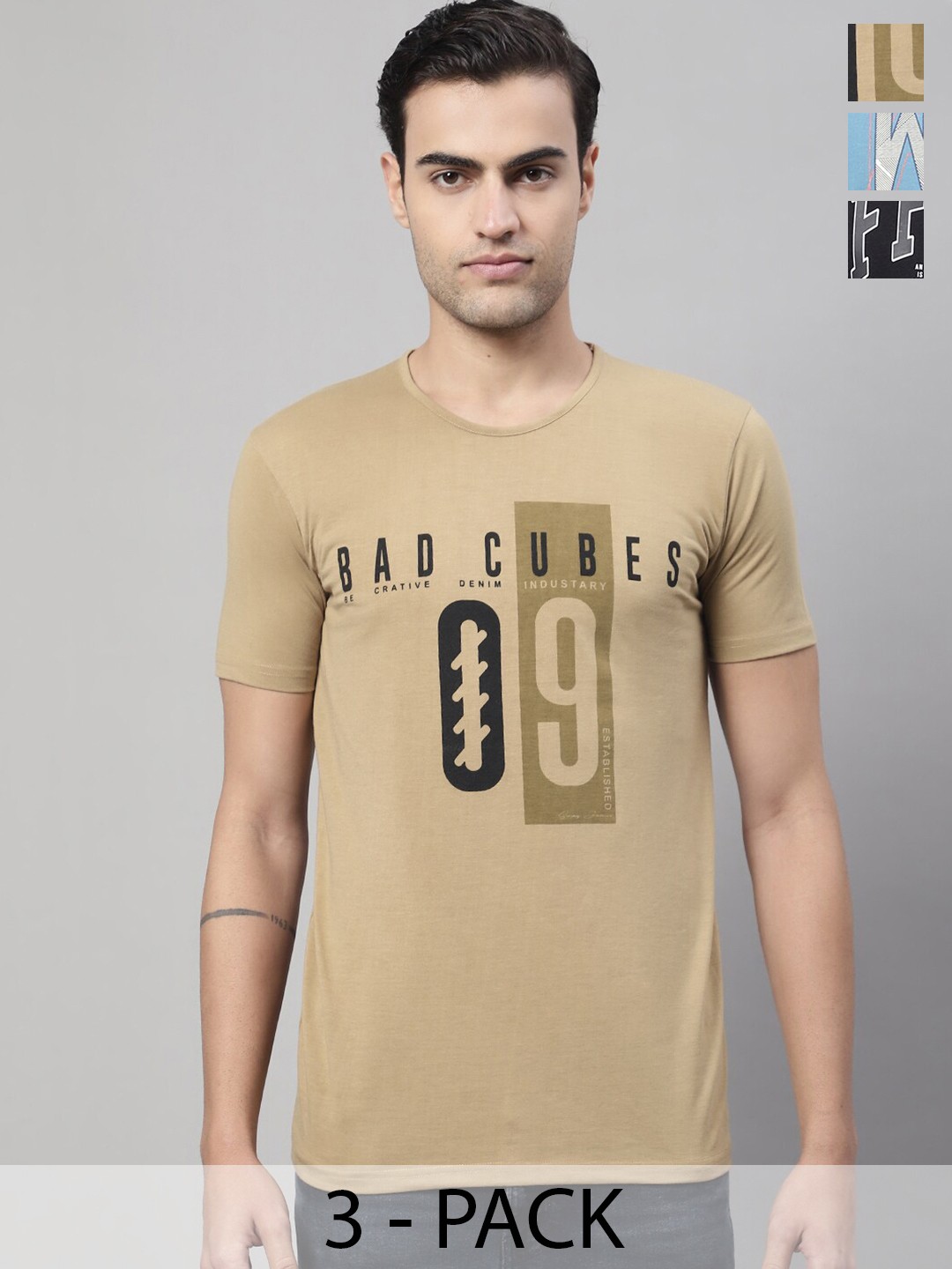 

MACK JONNEY Typography Pack of 3 Round Neck Short Sleeves Printed Cotton T-shirt, Brown