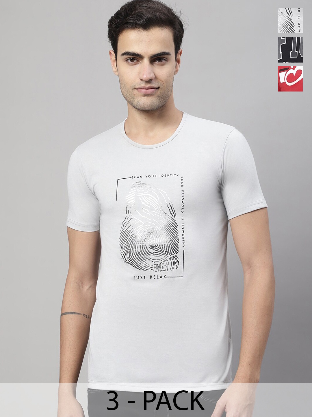 

MACK JONNEY Pack Of 3 Typography Printed Cotton T-shirt, Grey