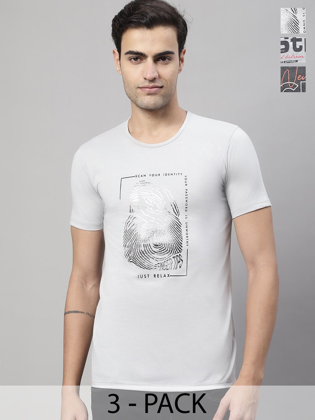 

MACK JONNEY Pack of 3 Typography Printed Cotton T-shirts, Grey