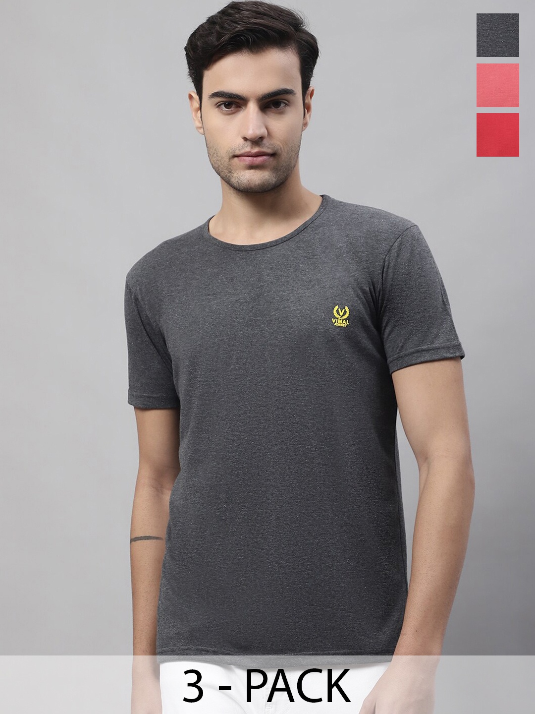 

VIMAL JONNEY Pack Of 3 Cotton Regular Fit T-shirts, Red