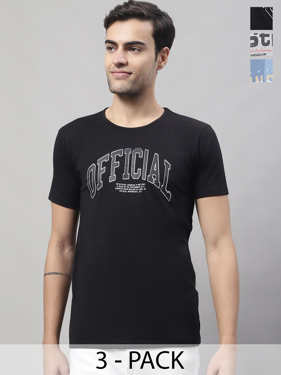 

MACK JONNEY Pack Of 3 Typography Printed Cotton T-shirt, Black