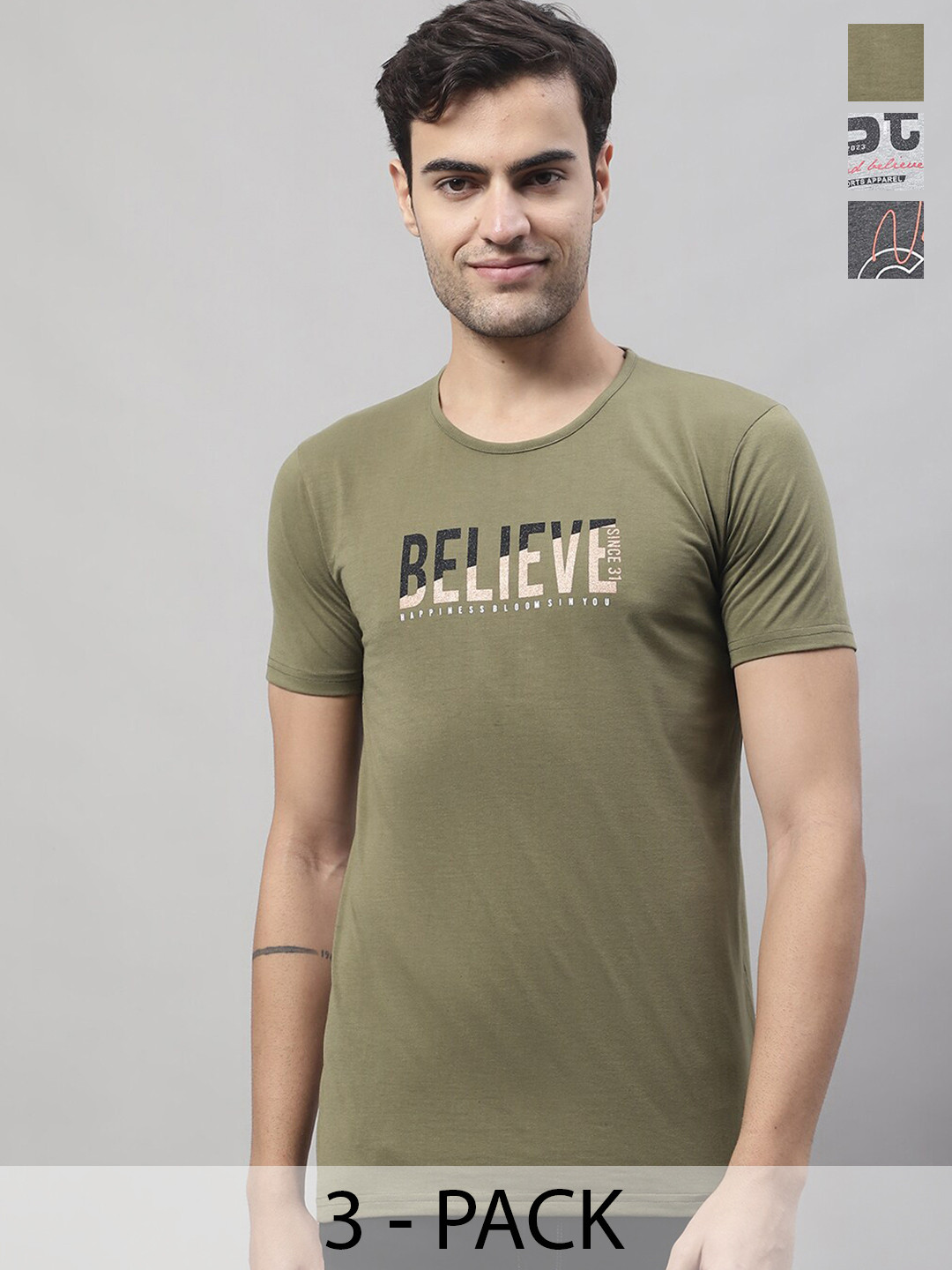 

MACK JONNEY Pack of 3 Typography Printed Cotton T-shirts, Green