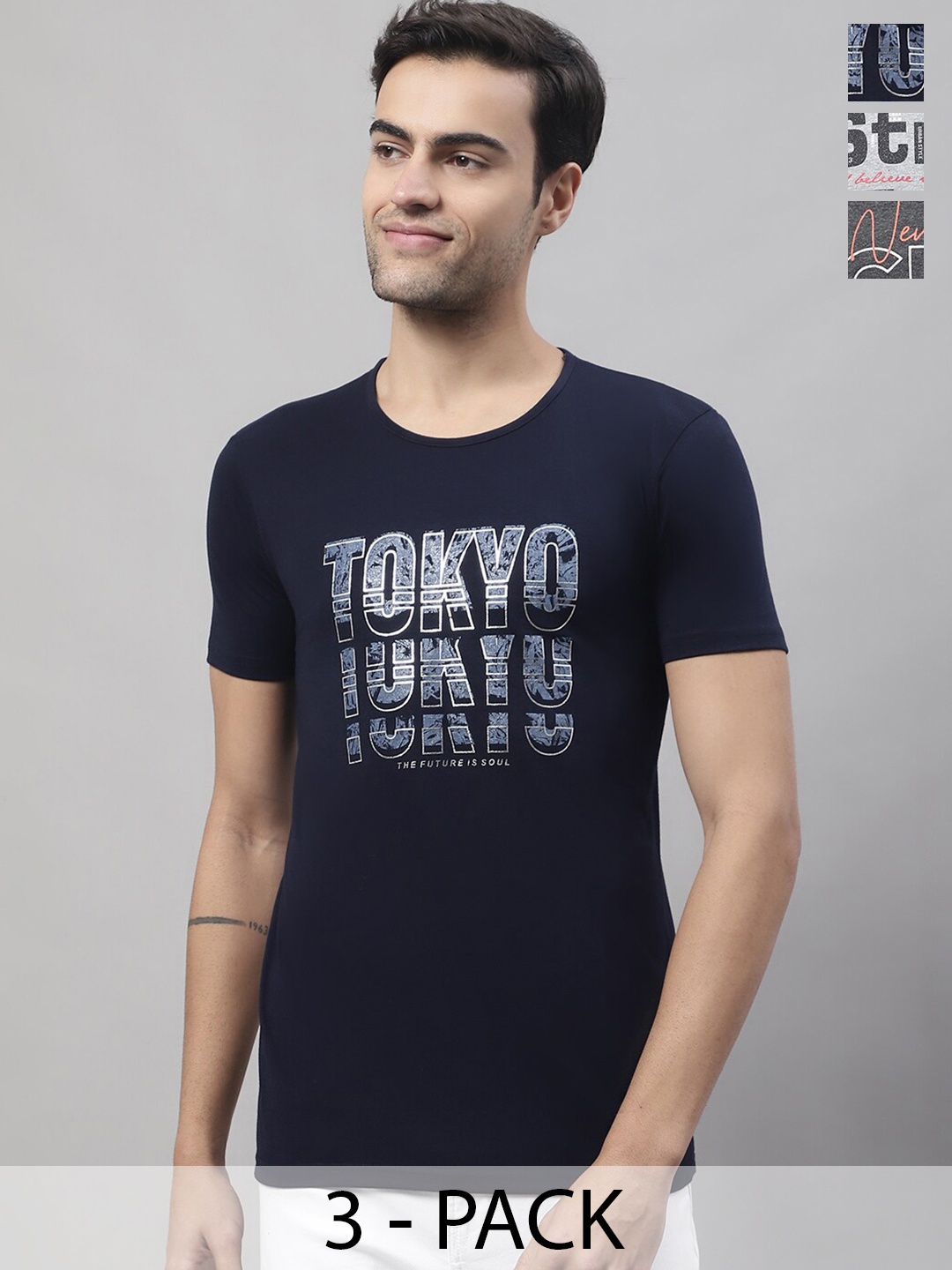 MACK JONNEY Typography Printed Pack of 3 Round Neck Short Sleeves Cotton T-shirt, Black
