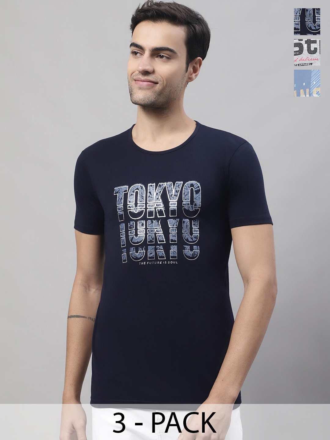 

MACK JONNEY Pack of 3 Typography Printed Round Neck Cotton T-shirt, Blue