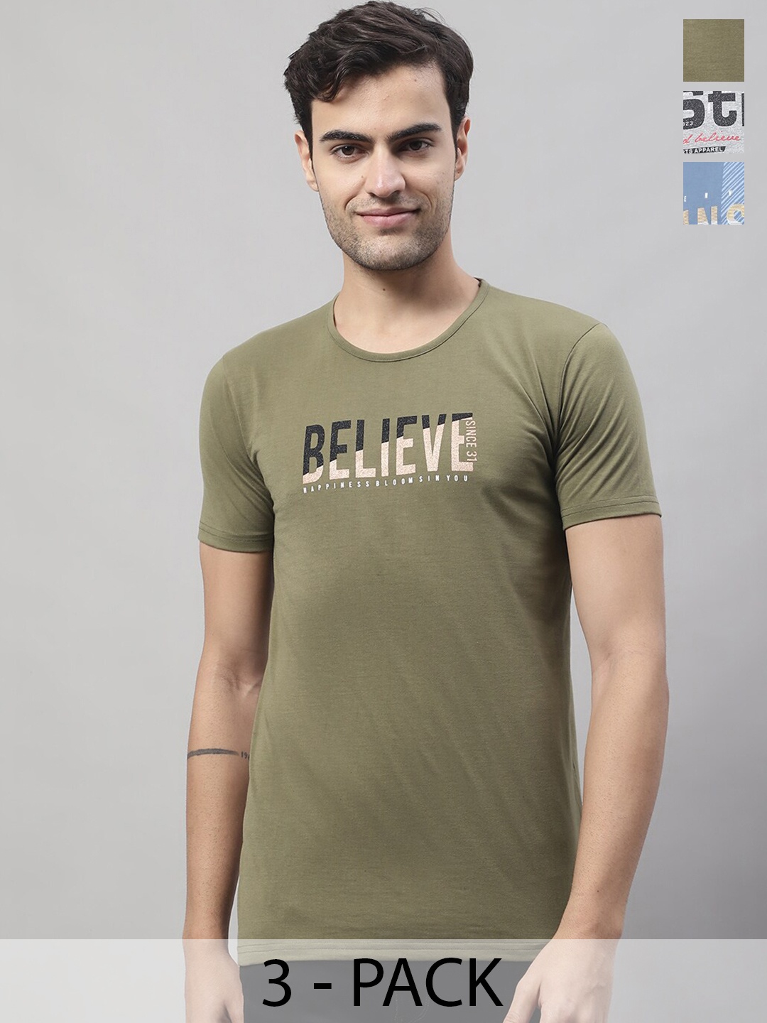 

MACK JONNEY Pack Of 3 Typography Printed Cotton Short Sleeves Tshirts, Olive