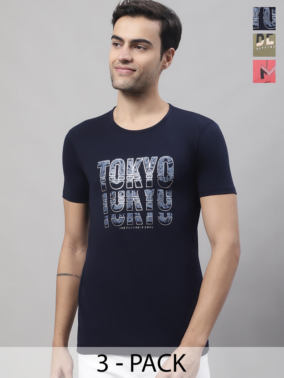 

MACK JONNEY Pack of 3 Typography Printed Cotton T-shirts, Navy blue
