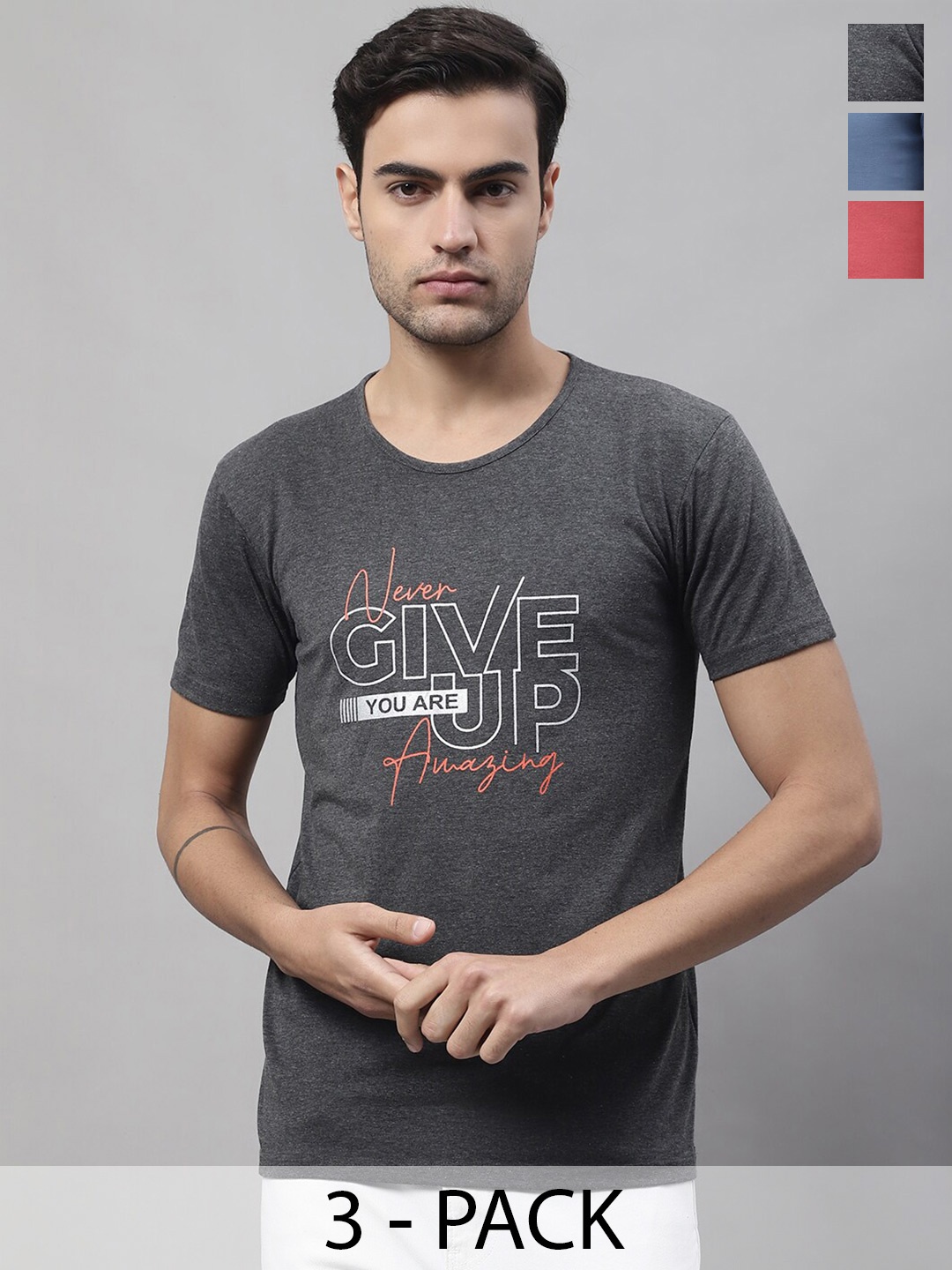 

MACK JONNEY Pack Of 3 Printed Cotton T-shirts, Grey