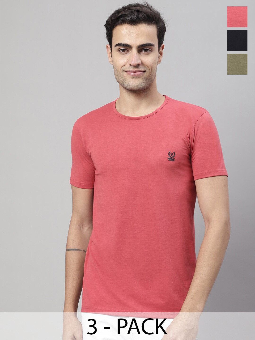 

VIMAL JONNEY Pack Of 3 Round Neck Cotton T-shirt, Coral