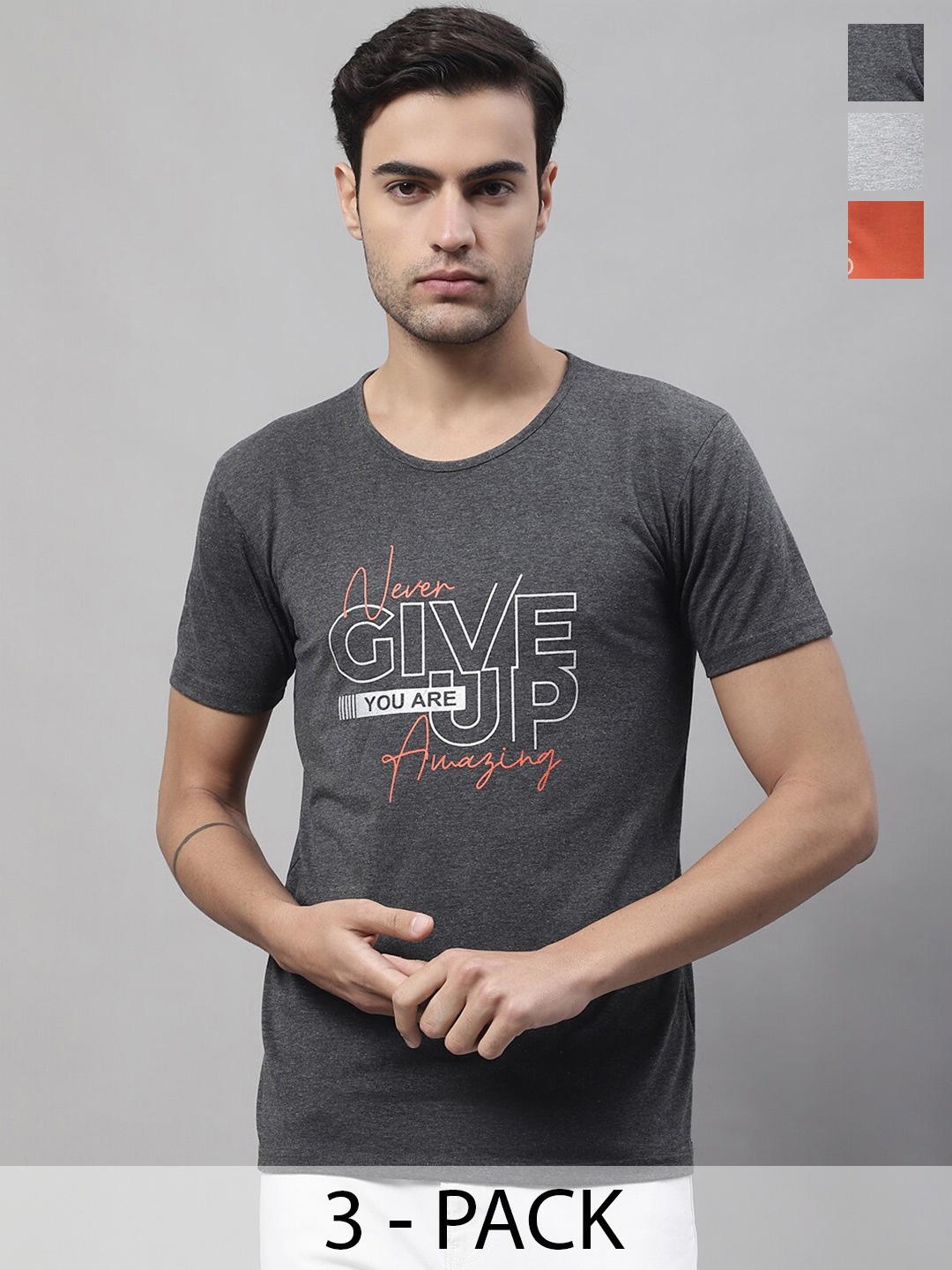 MACK JONNEY Pack of 3 Typography Printed Cotton T-shirts, Grey