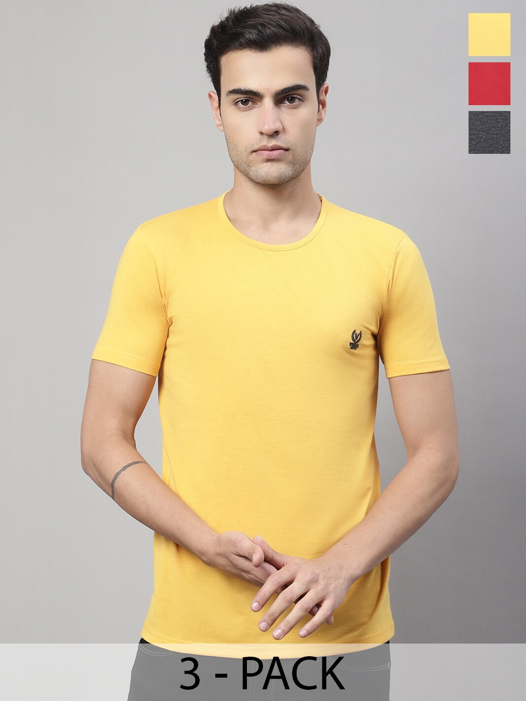 

MACK JONNEY Pack Of 3 Round Neck Cotton Casual T-shirts, Yellow