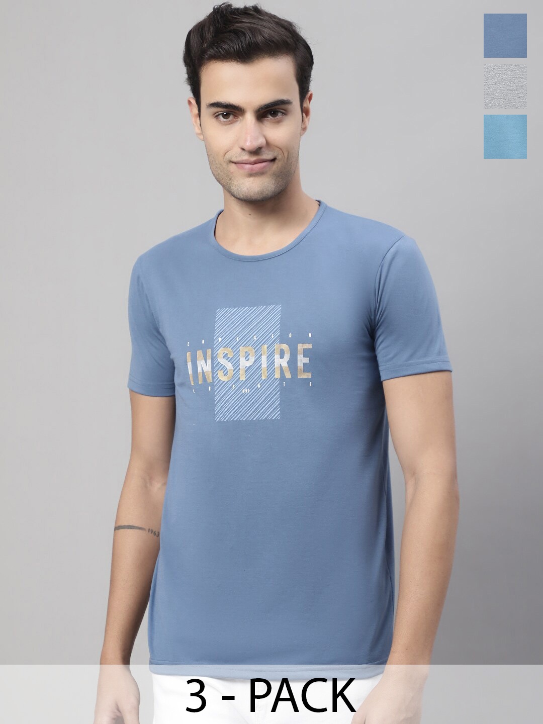 

MACK JONNEY Pack Of 3 Printed Cotton Regular Fit T-shirts, Blue