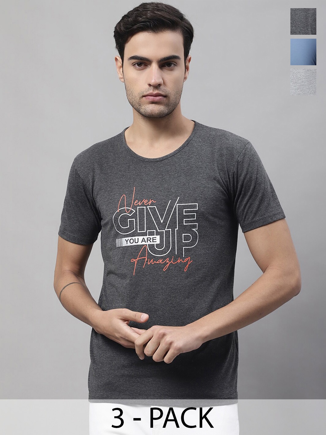 

MACK JONNEY Pack Of 3 Typography Printed Cotton T-Shirt, Blue