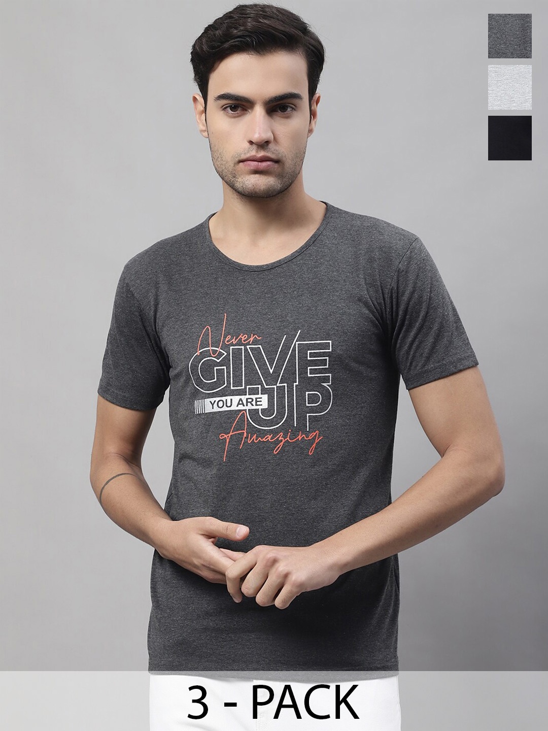 

MACK JONNEY Pack Of 3 Printed Round Neck Cotton Casual T-shirts, Grey