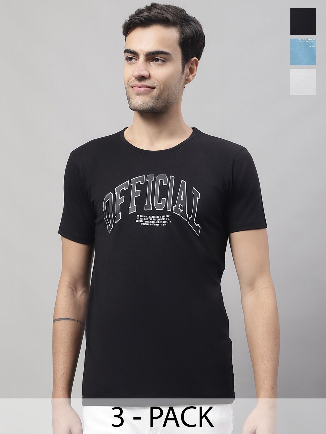 

MACK JONNEY Typography Pack of 3 Round Neck Printed Cotton T-shirt, Black