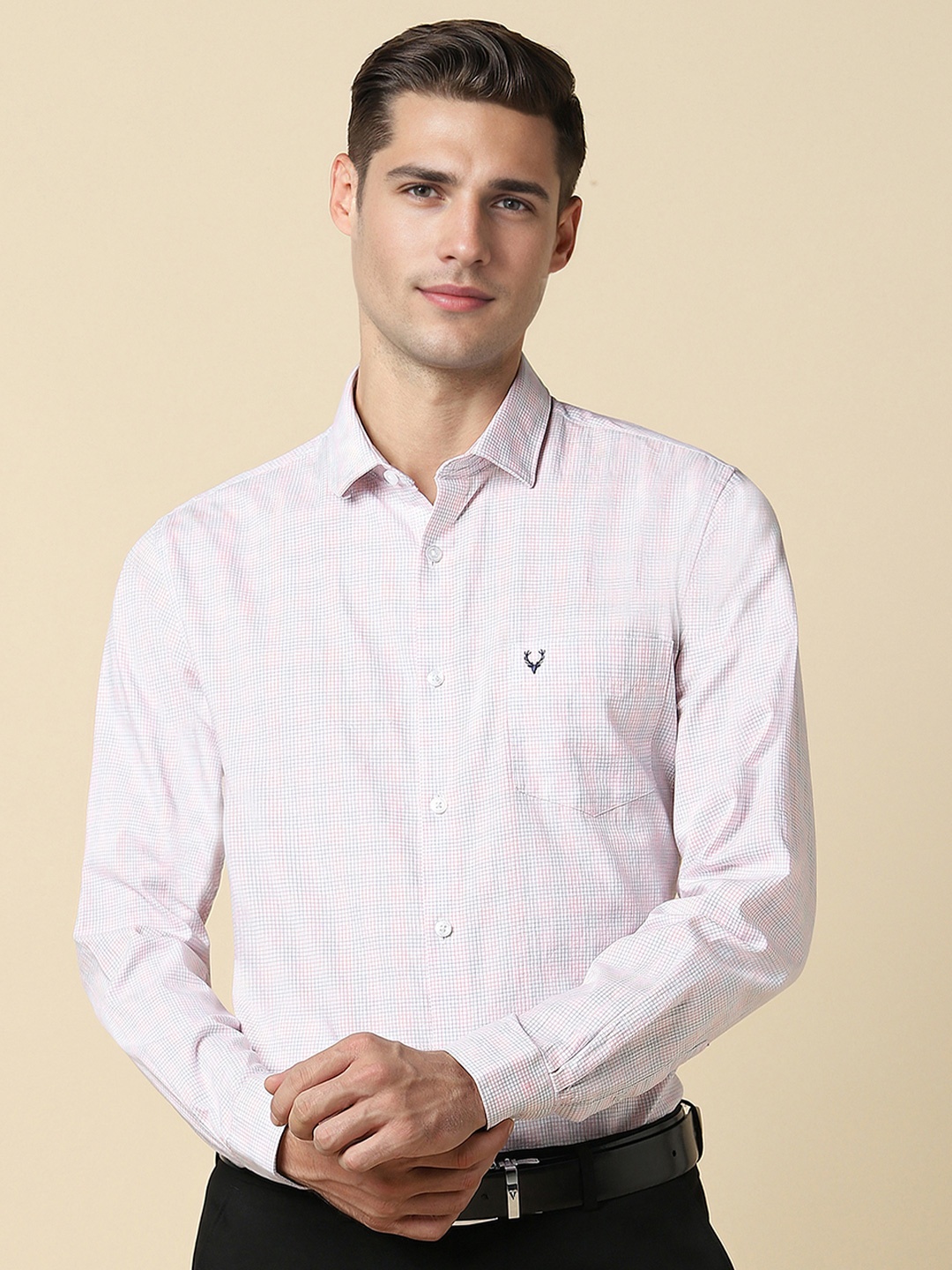 

Allen Solly Men Slim Fit Grid Tattersall Checks Opaque Checked Formal Shirt, Pink