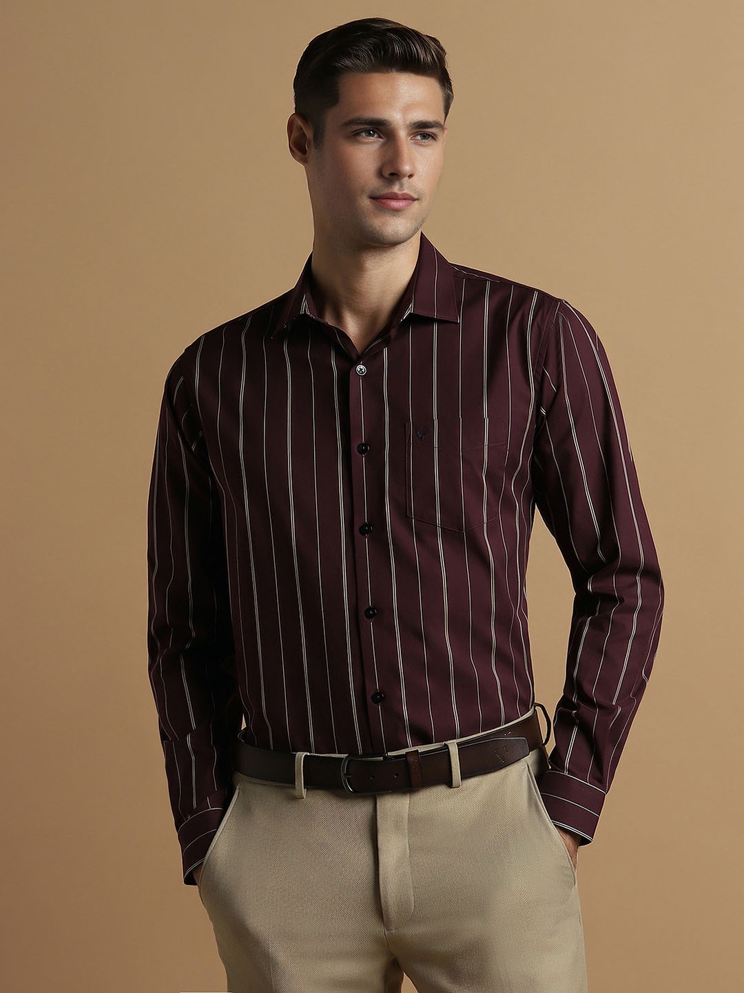 

Allen Solly Men Slim Fit Opaque Striped Formal Shirt, Maroon