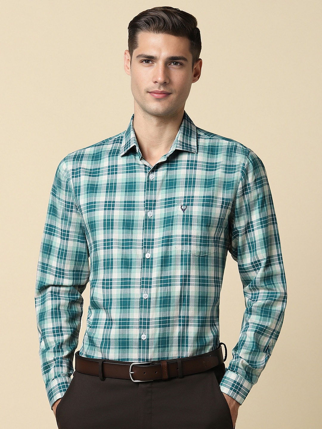 

Allen Solly Men Slim Fit Tartan Checks Opaque Checked Formal Shirt, Green