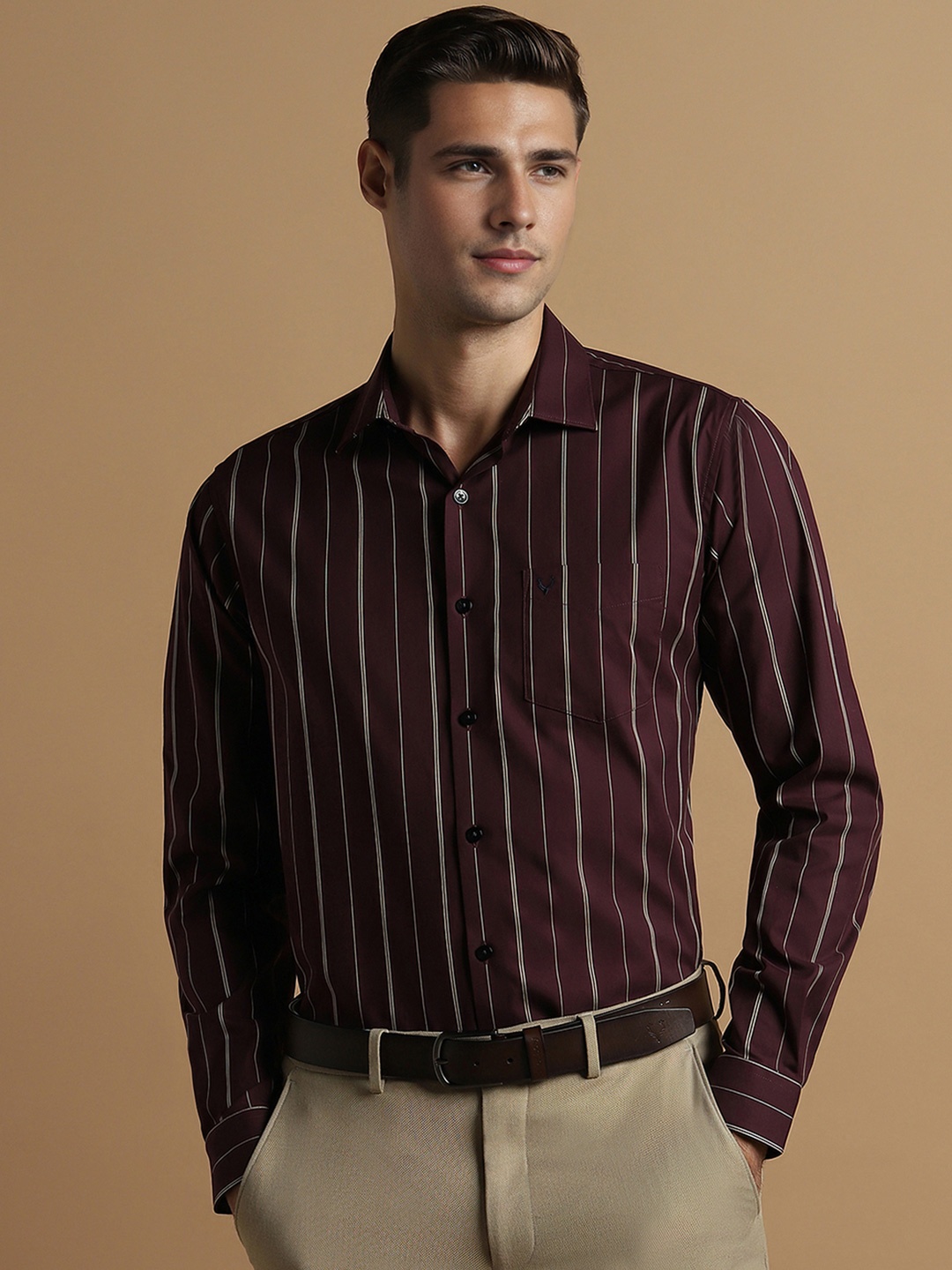 

Allen Solly Men Slim Fit Opaque Striped Formal Shirt, Maroon