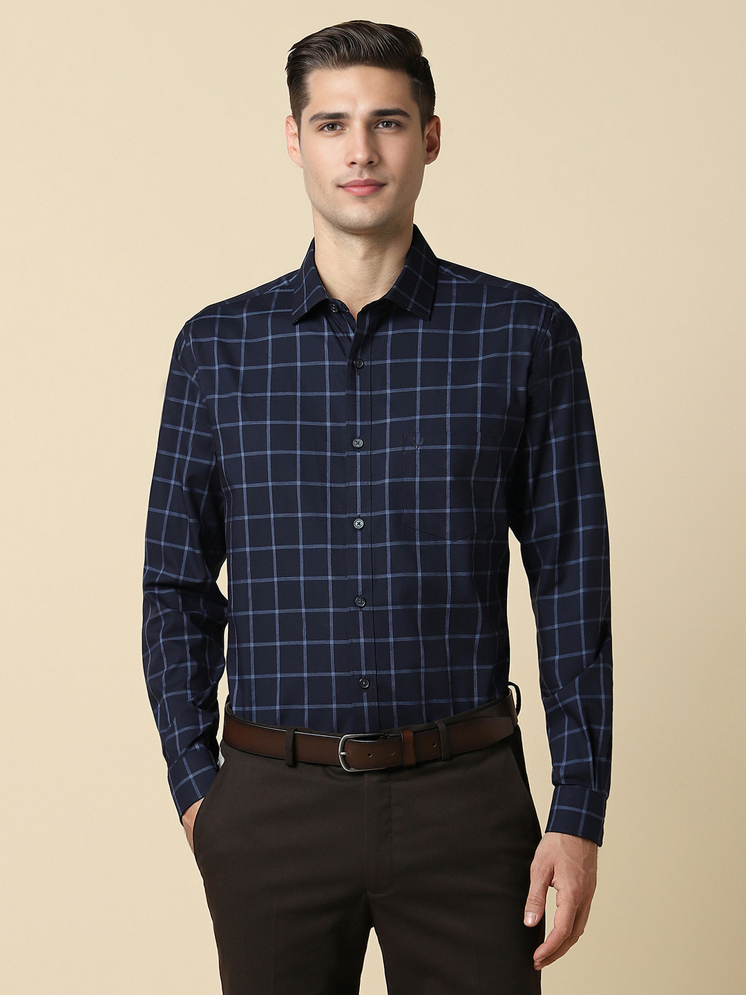

Allen Solly Spread Collar Slim Fit Windowpane Checks Opaque Cotton Formal Shirt, Navy blue