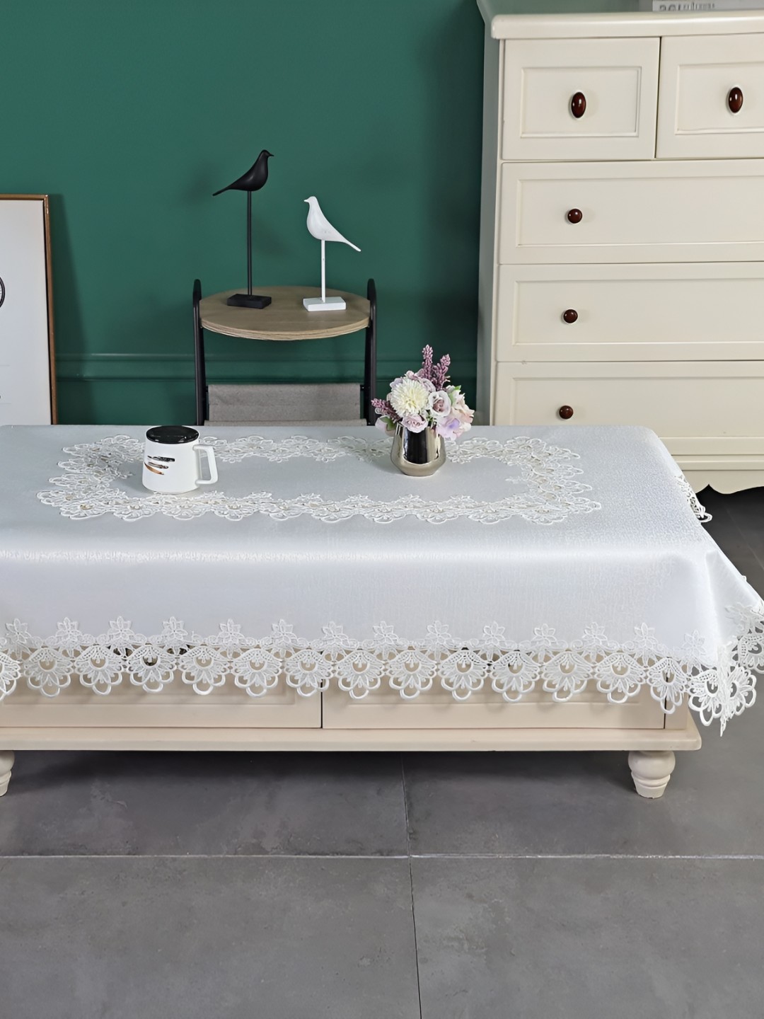 

MONKDECOR White Floral 2-Seater Table Cover with Textured details