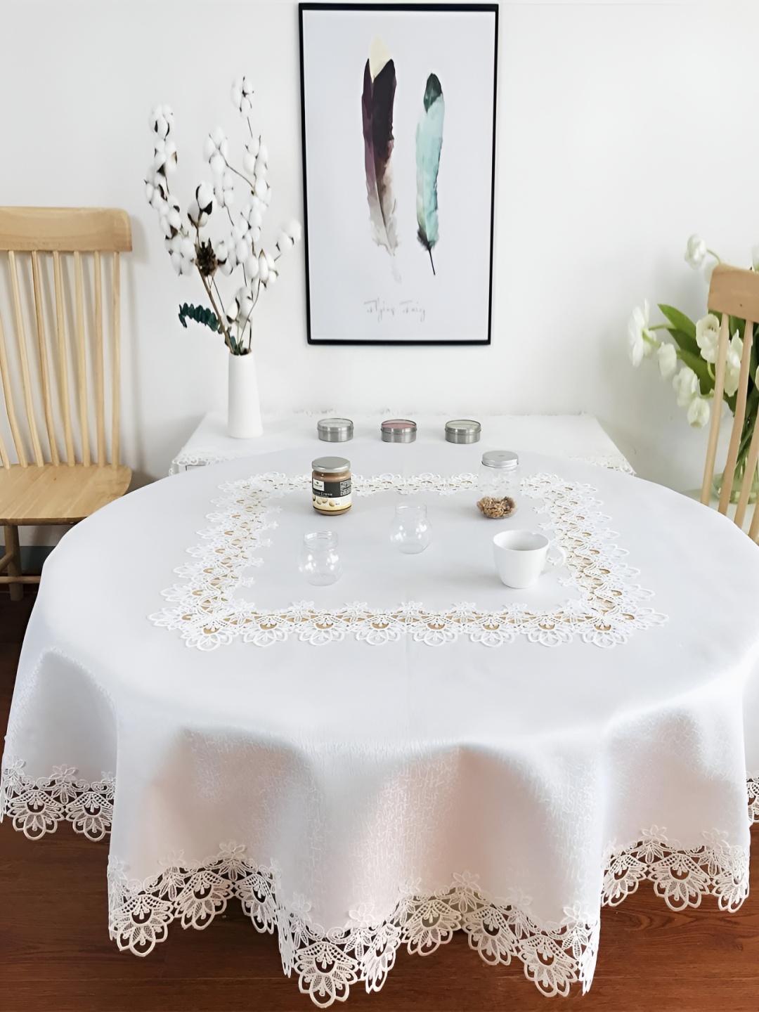 

MONKDECOR White Floral Round 6-Seater Table Cover with Textured details