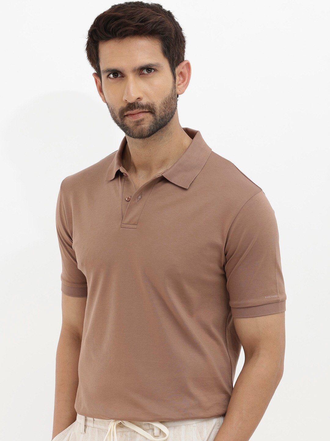 

RARE RABBIT Men Rings-4 Slim Fit Solid Polo Collar T-Shirt, Brown