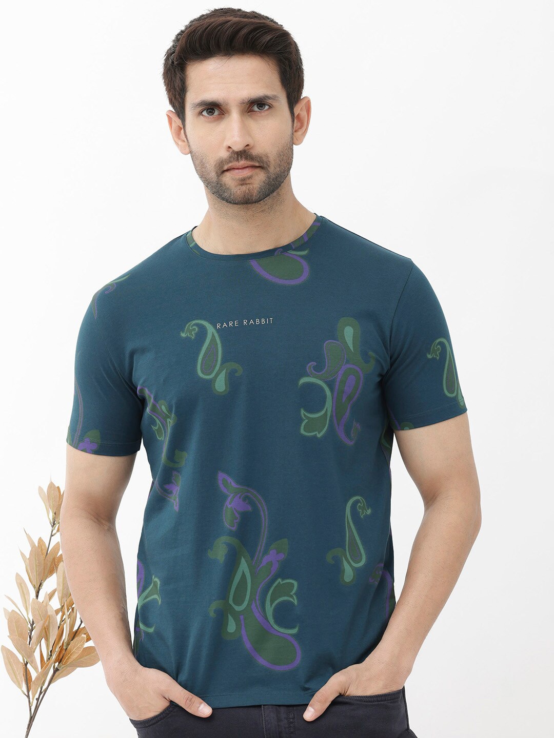 

RARE RABBIT Men Argus Regular Fit Paisley Printed Cotton T-Shirt, Teal