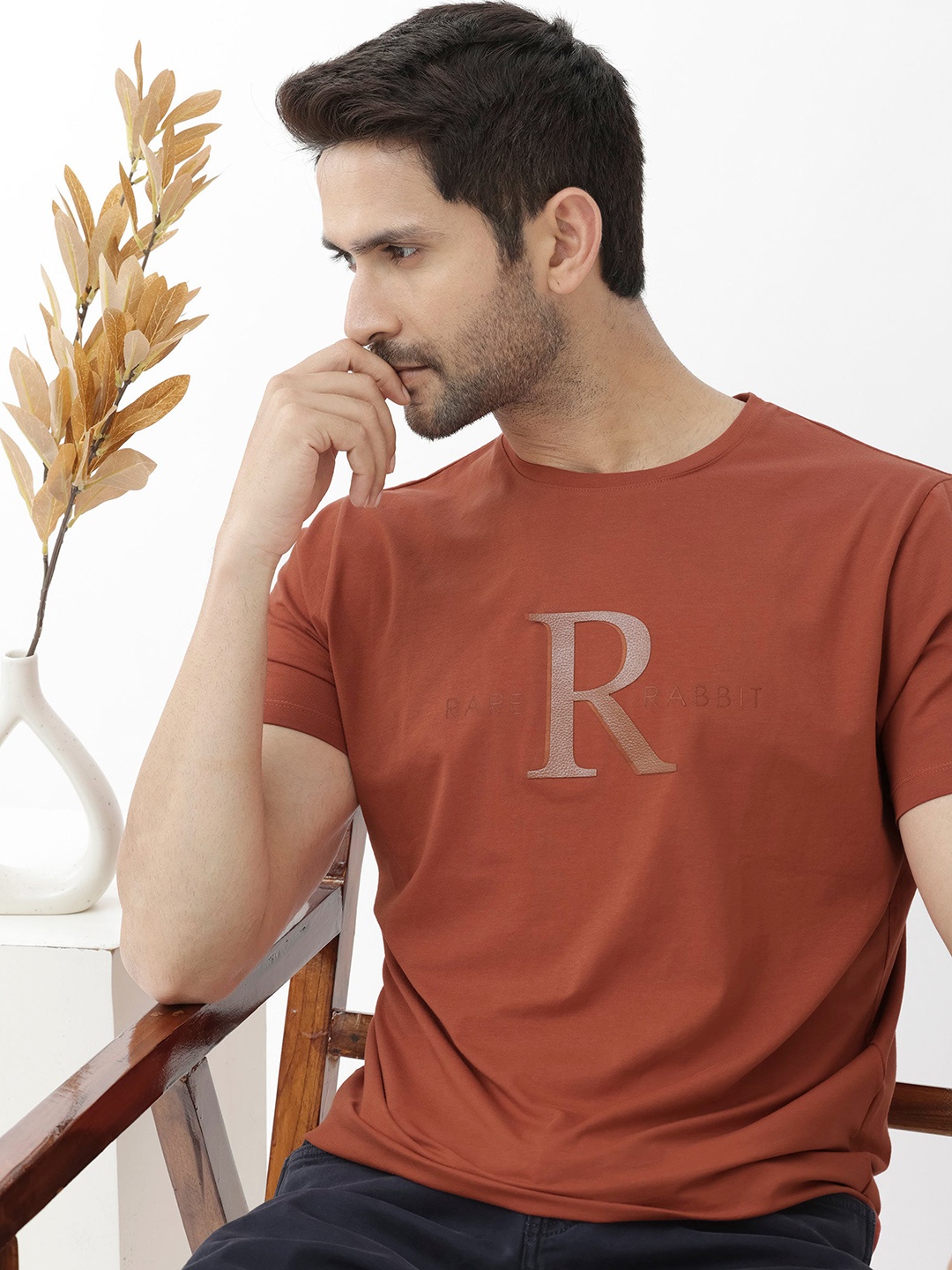 

RARE RABBIT Men Rings-4 Slim Fit Solid Polo Collar T-Shirt, Rust