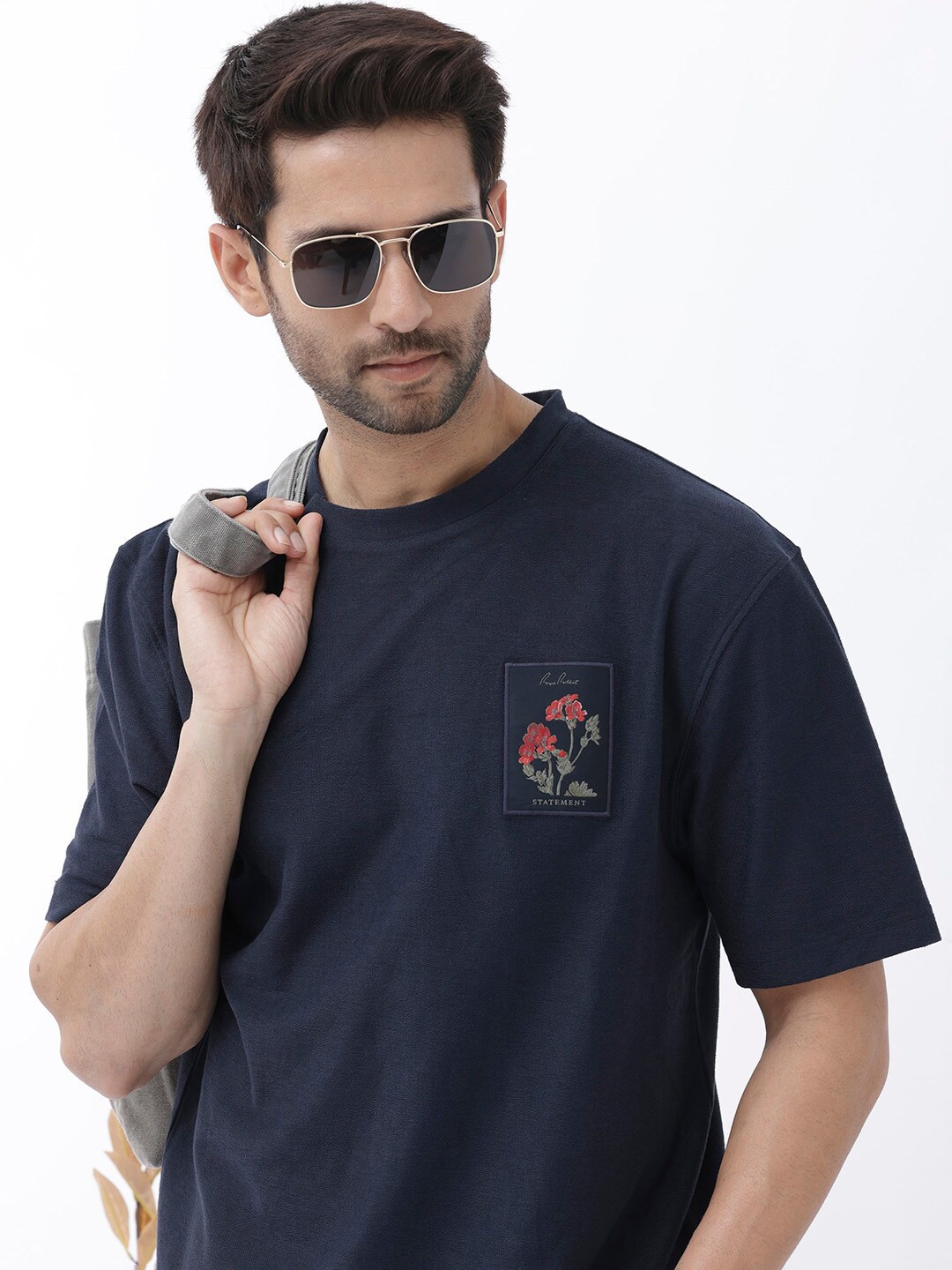 

RARE RABBIT Men Loopet Oversized s Cotton T-Shirt, Navy blue