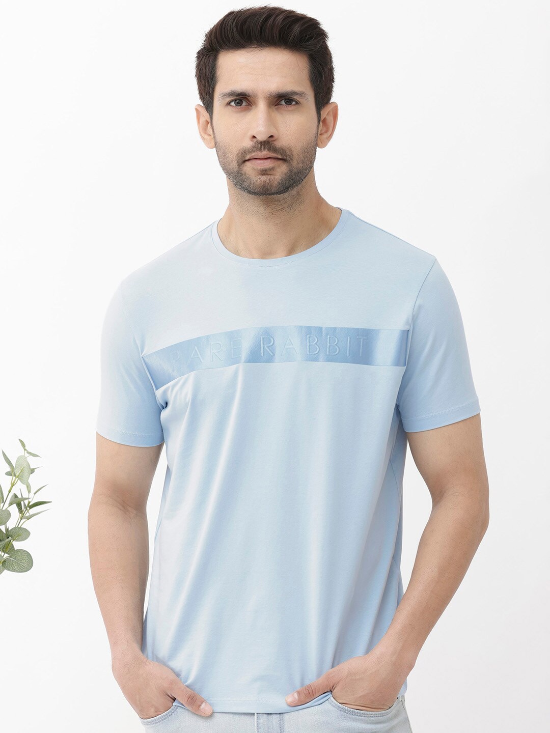 RARE RABBIT Men Olios Regular Fit Striped Round Neck Cotton T-Shirt, Blue