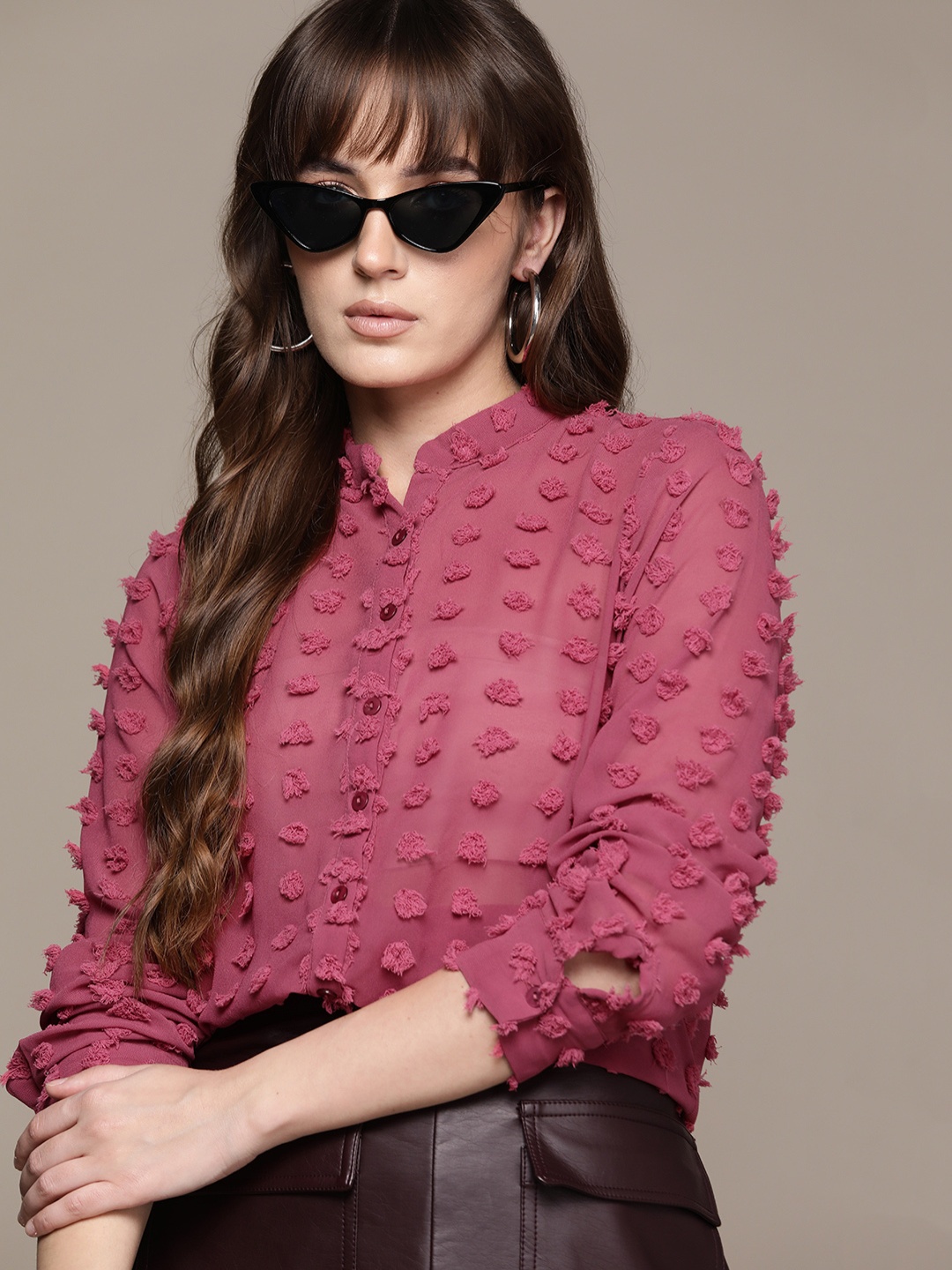 

Roadster Self Design Mandarin Collar Casual Shirt, Pink