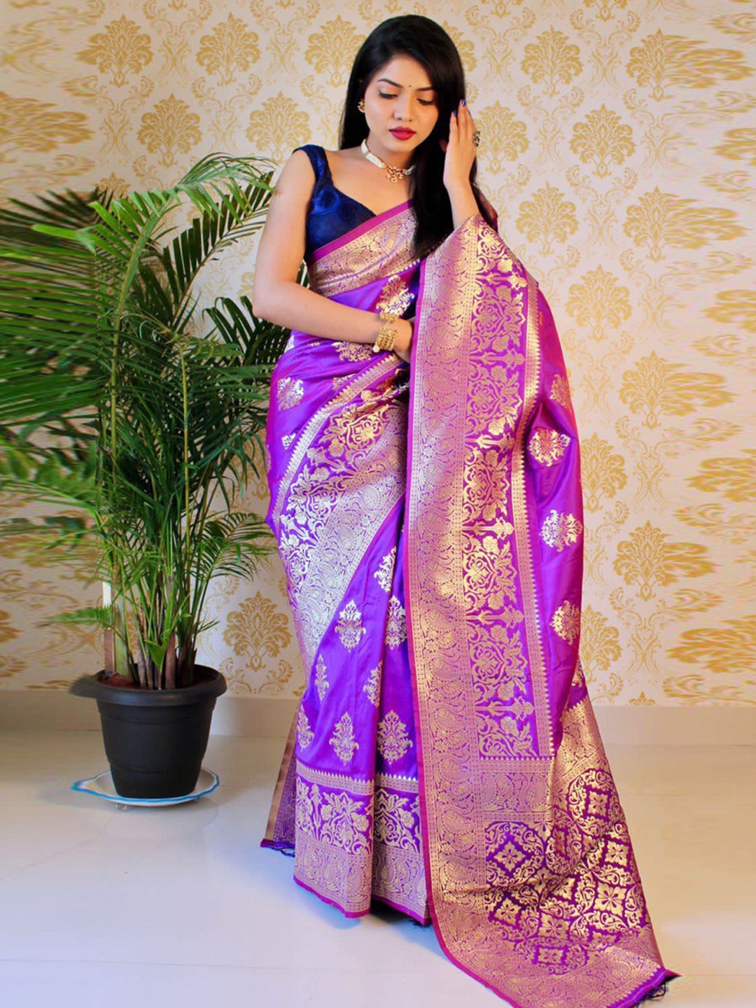 

bansari textiles Ethnic Motifs Woven Design Zari Pure Silk Paithani Saree, Purple