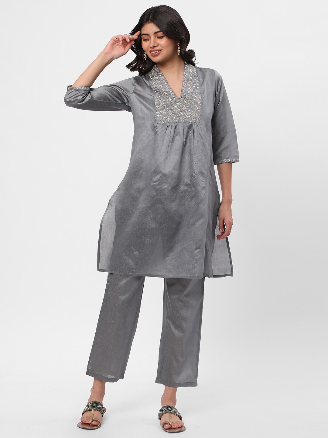 

R&B Ethnic Motifs Yoke Design Mirror Work Kurta with Trousers, Grey
