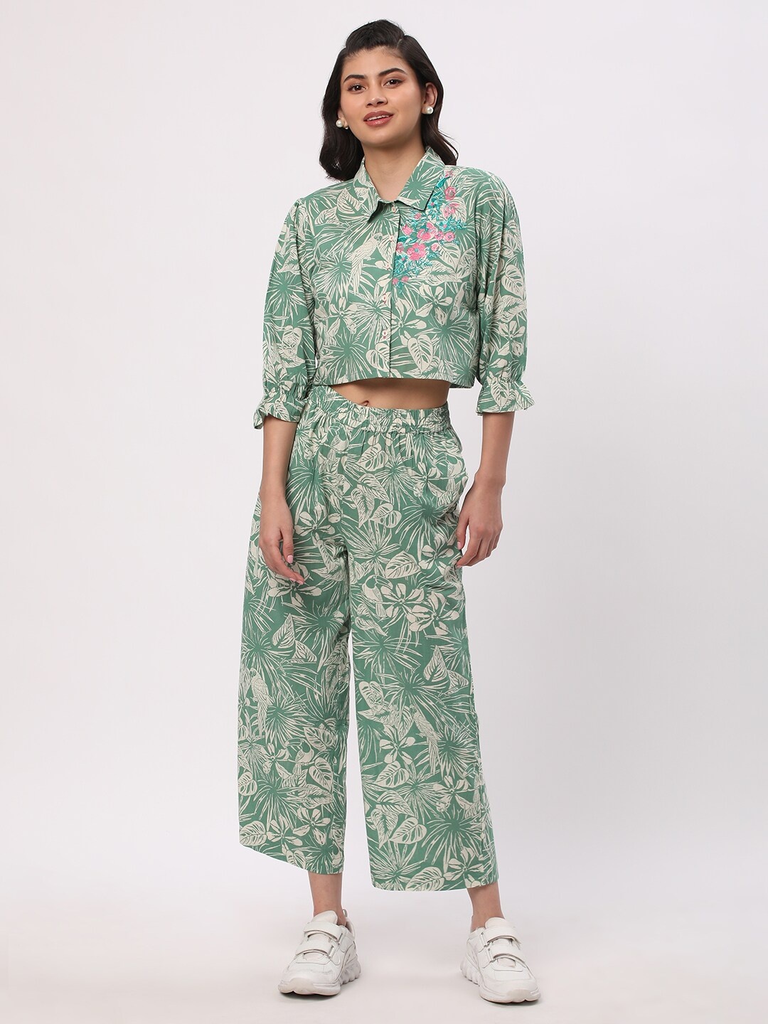 

R&B Floral Printed Pure Cotton Shirt with Trousers, Green
