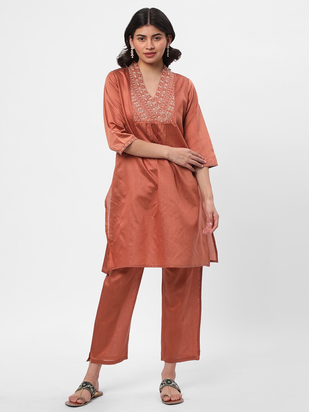 

R&B Ethnic Motifs Yoke Design Pleated Mirror Work Kurta with Trousers, Rust