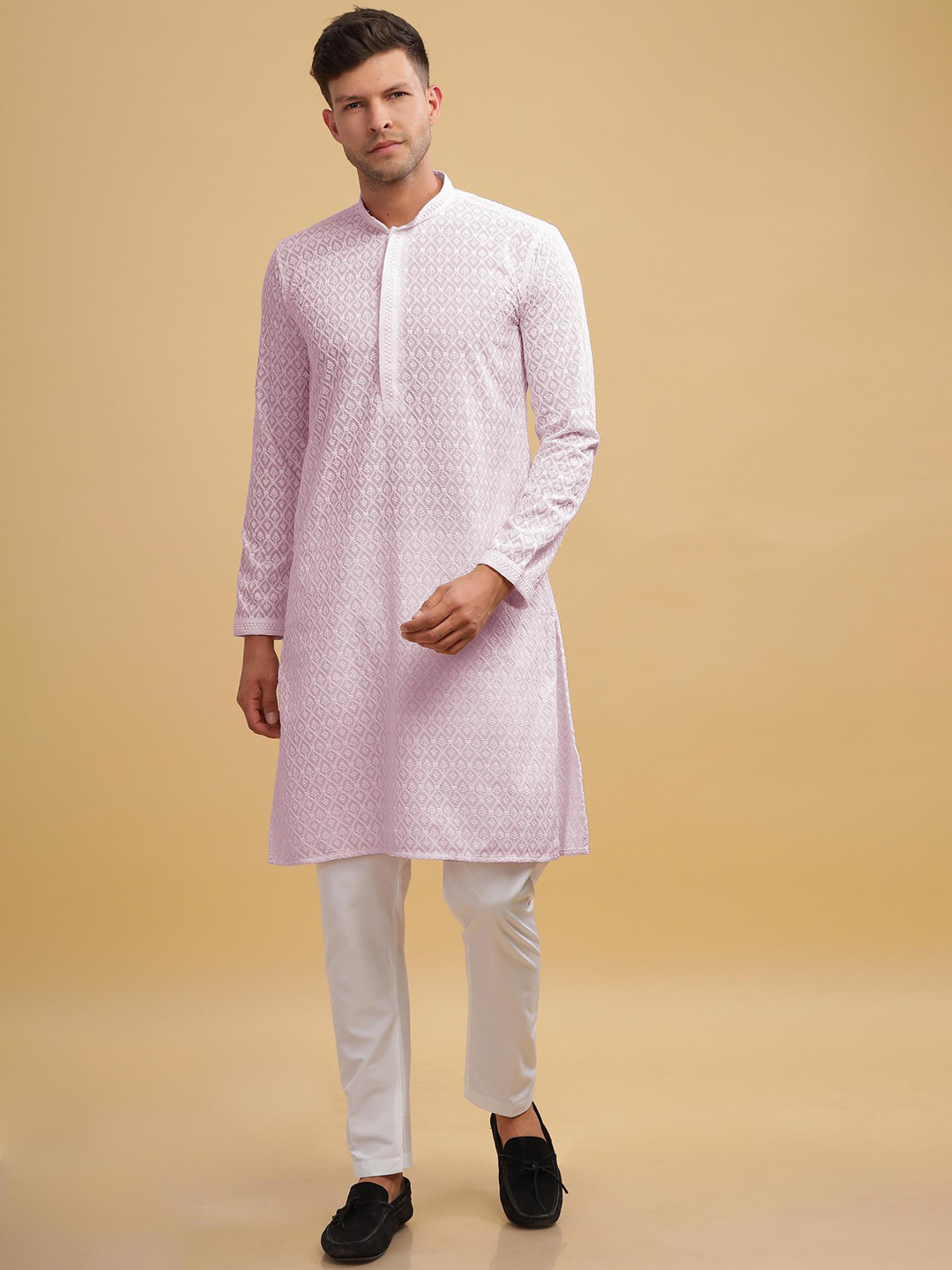 

Anouk Pink Ethnic Motifs Embroidered Lucknowi Chikankari Detailed Cotton Straight Kurta