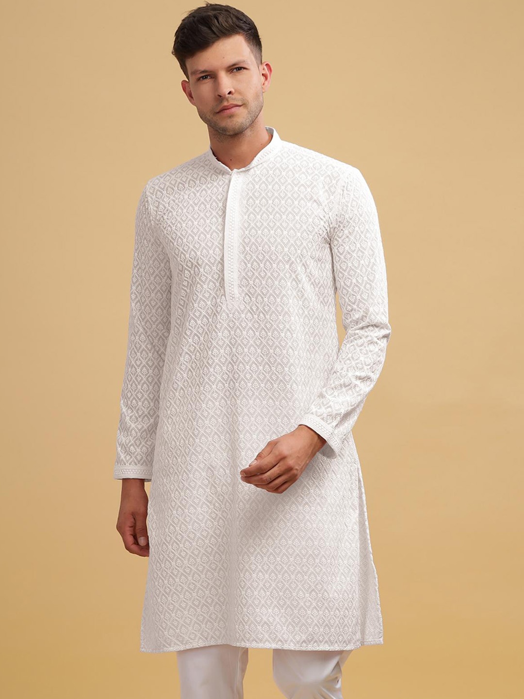 

Anouk White Ethnic Motifs Embroidered Lucknowi Chikankari Cotton Straight Kurta