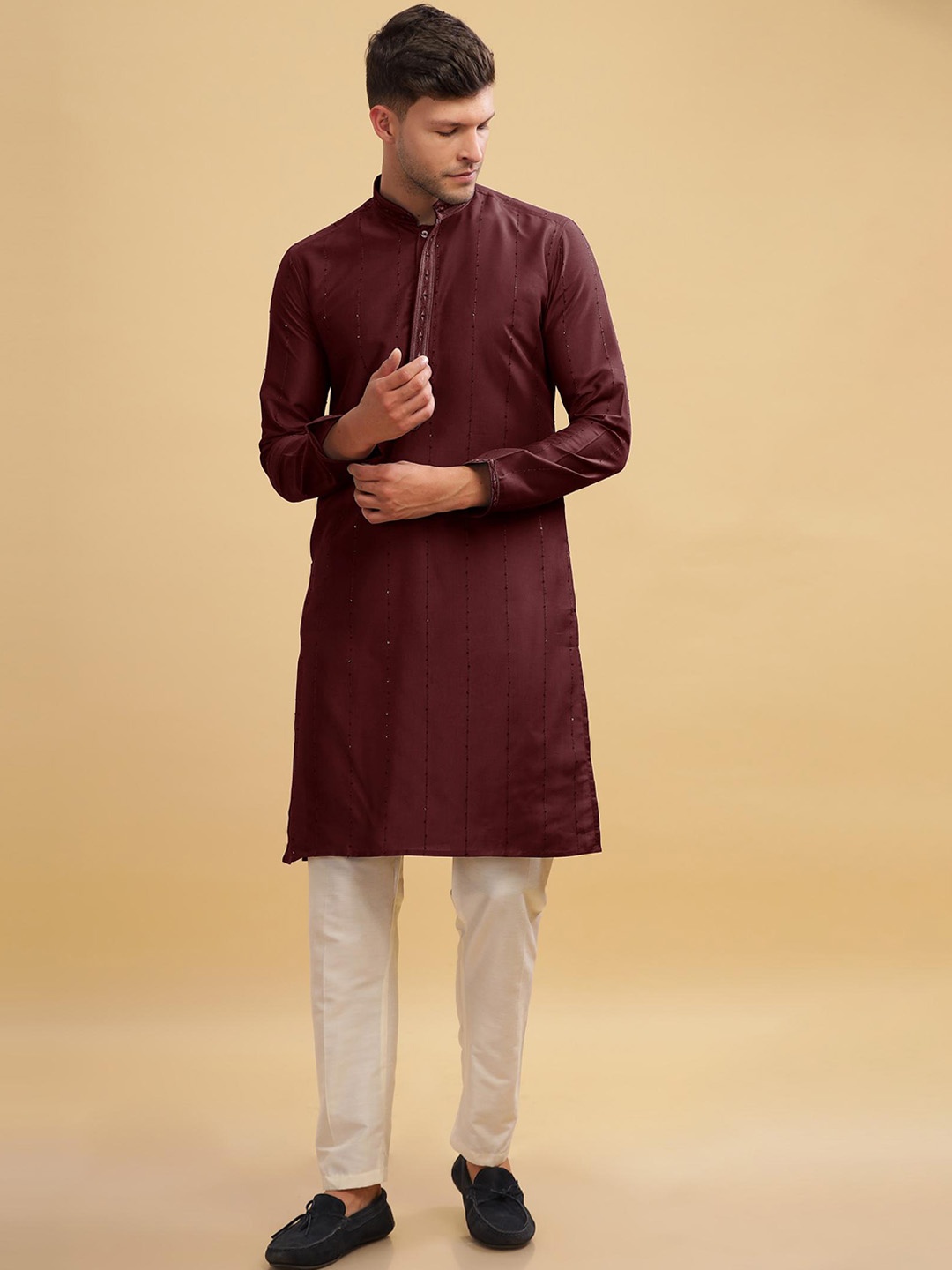 

Anouk Maroon Striped Sequinned Detailed Cotton Straight Kurta