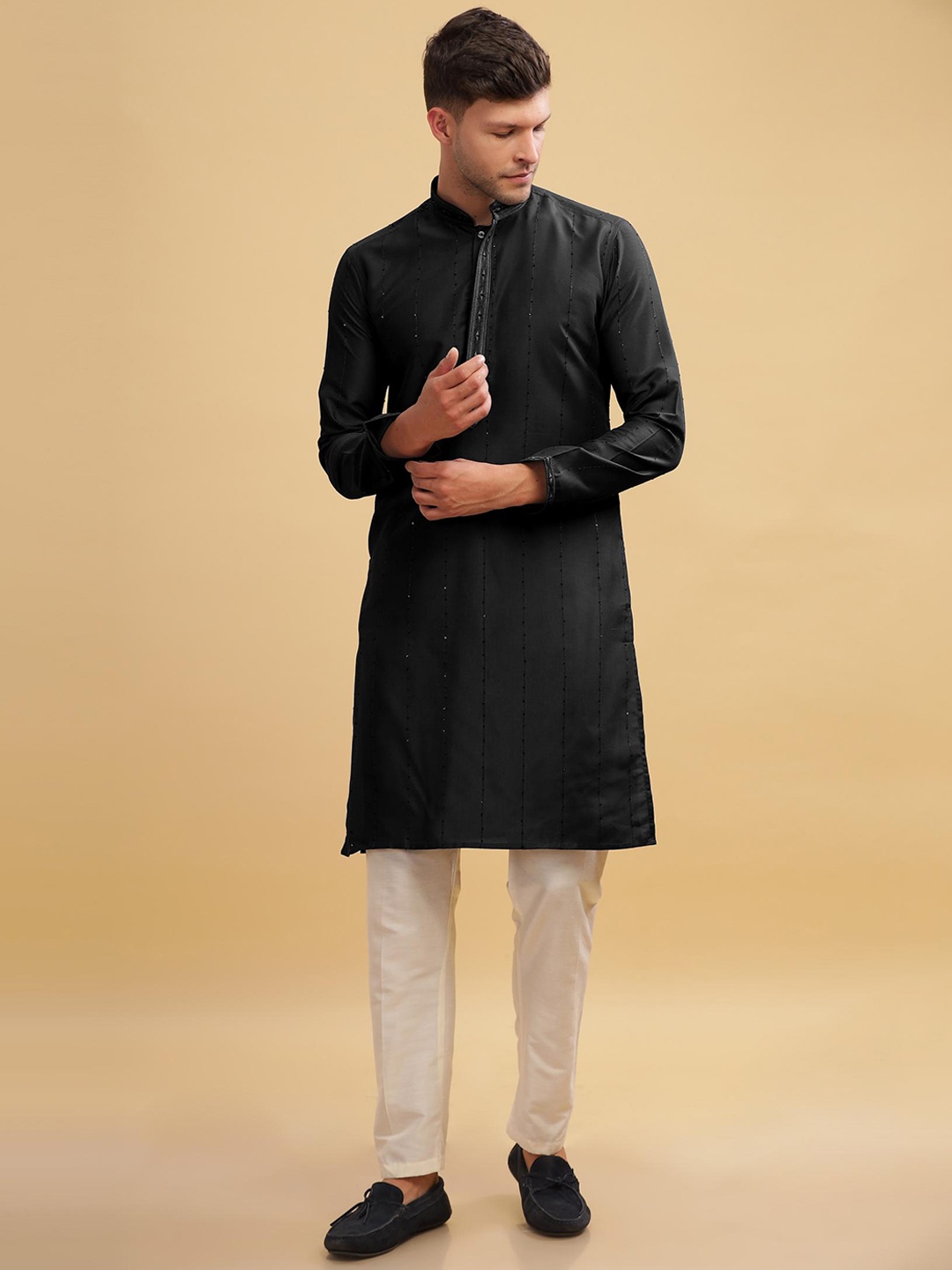 

Anouk Black Striped Sequinned Detailed Cotton Straight Kurta