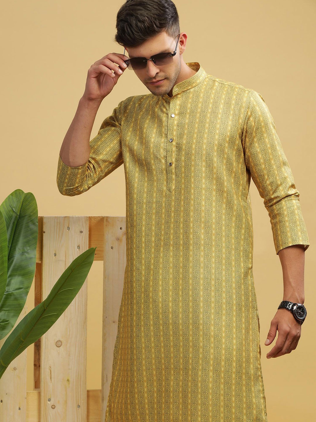 

Anouk Men Striped Thread Work Jacquard Pathani Kurta, Yellow