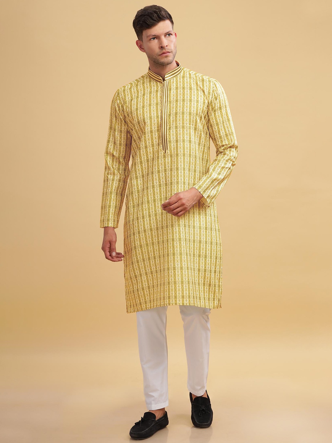 

Anouk Yellow Ethnic Motifs Printed Mandarin Collar Cotton Straight Kurta