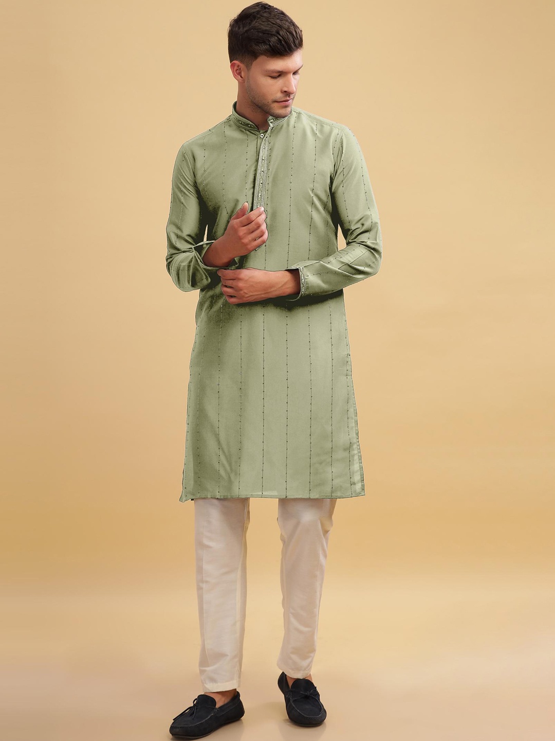 

Anouk Green Striped Mirror Work Straight Cotton Kurta