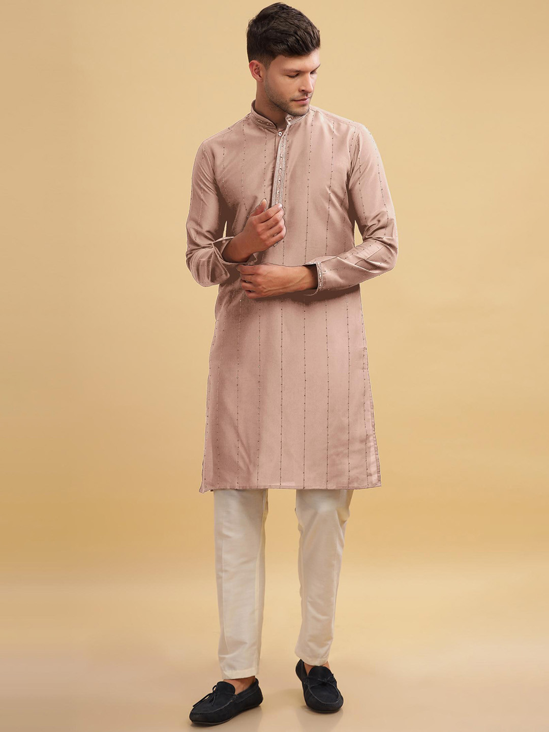 

Anouk Pink Striped Mirror Work Straight Cotton Kurta