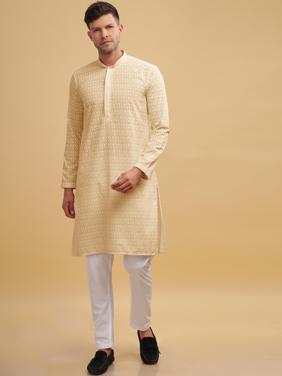 

Anouk Yellow Ethnic Motifs Embroidered Mandarin Collar Straight Pure Cotton Kurta