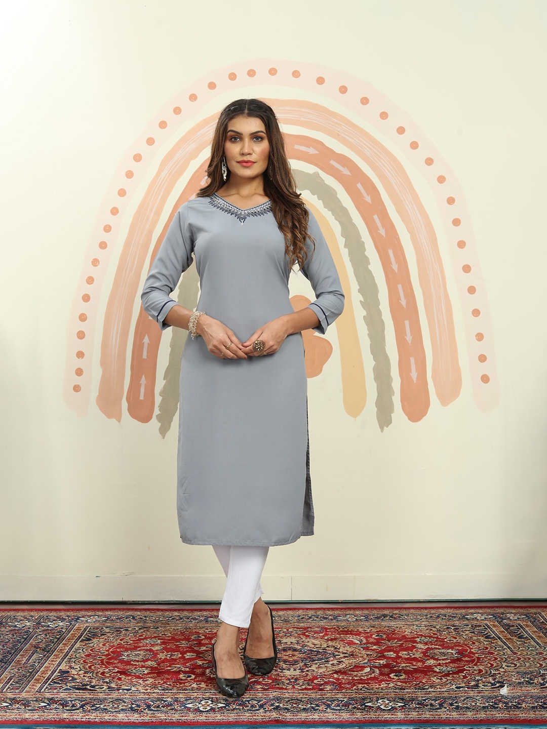 

KALINI V-Neck Mirror Work Cotton Regular Straight Kurta, Grey