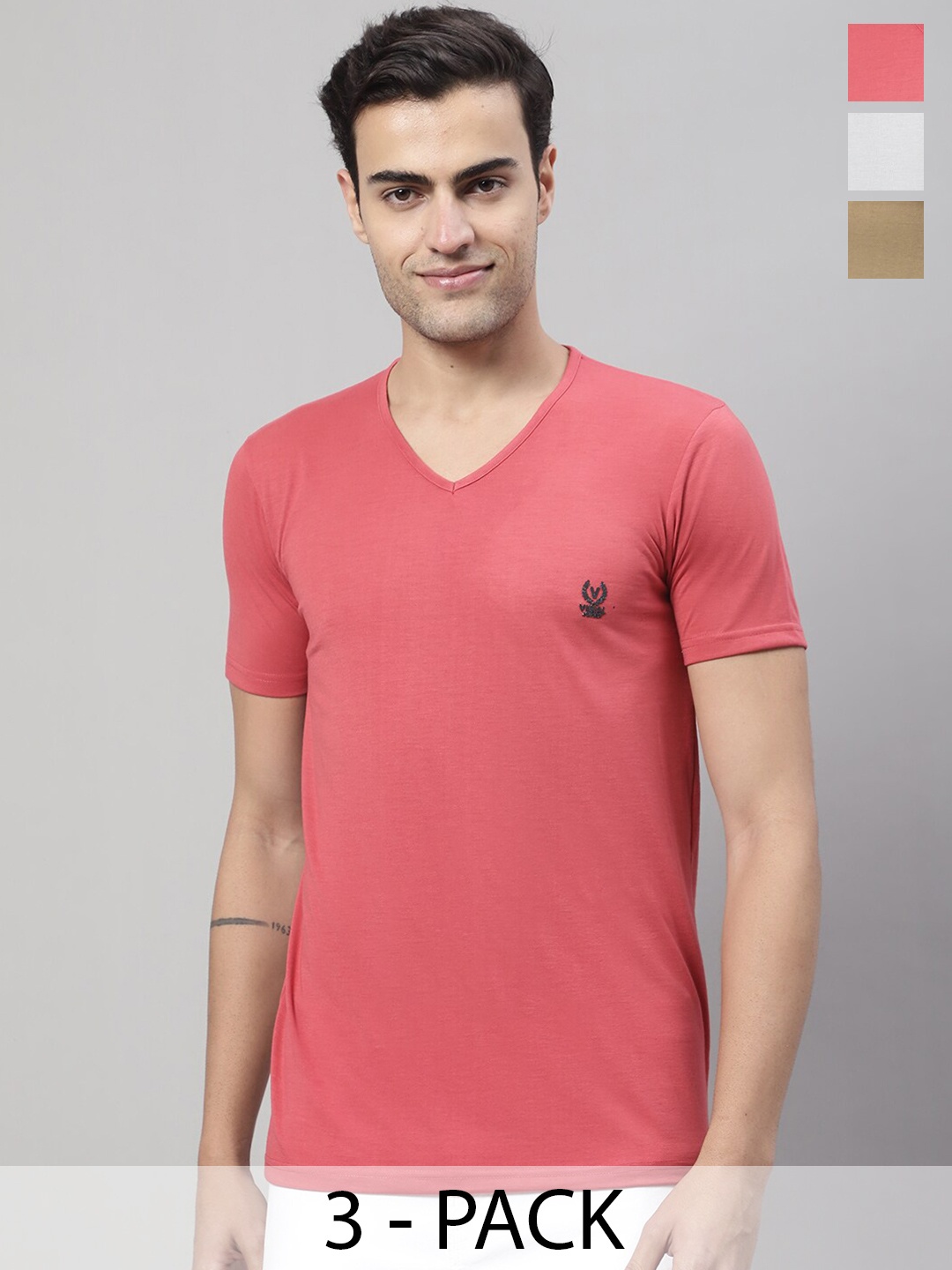 

VIMAL JONNEY Pack Of 3 Short Sleeves Cotton Tshirts, Pink