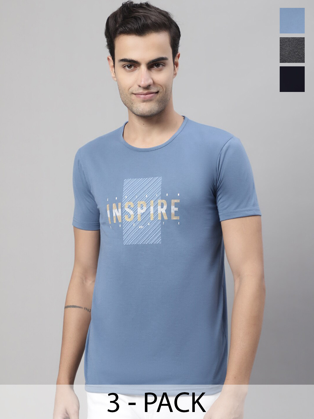 

MACK JONNEY Pack of 3 Typography Printed Cotton T-shirts, Blue