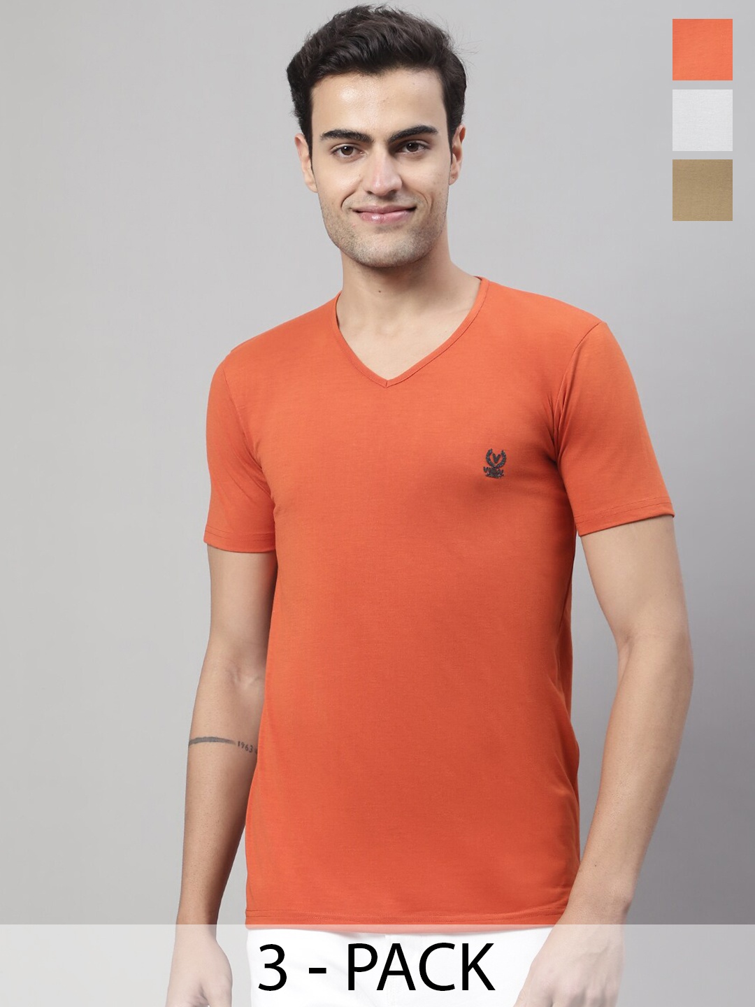 

VIMAL JONNEY Pack Of 3 V-Neck Cotton T-shirt, Orange